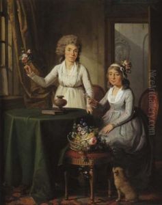 Deux Jeunes Femmes Preparant Un Bouquet Dans Un Interieur by Guillaume Dominique Jacques Doncre