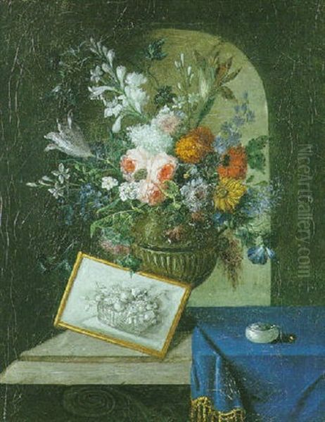 Nature Morte Au Vase De Fleurs, Dessin Et Montre Gousset Sur Un Entablement Dans Une Niche - view 1