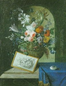 Nature Morte Au Vase De Fleurs, Dessin Et Montre Gousset Sur Un Entablement Dans Une Niche