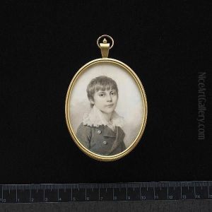 A Young Boy, Wearing Grey Coat With Silver Buttons And Wide Frilled White Collar. by Louis Ami Arlaud-Jurine