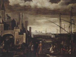 Scene Portuaire Animee De Nombreux Personnages by Giovanni Andrea (il Mastelletta) Donducci