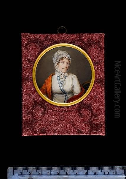 Theodora-helene-elisabeth Tronchin, Seated On A Green Upholstered Chair, Wearing Red Shawl Over White Robe Bordered With Blue Stripes With Blue Sash And Ruffled White Gauze Cap Tied At The Chin Over Her Curling Brown Hair. - view 1