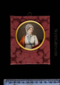 Theodora-helene-elisabeth Tronchin, Seated On A Green Upholstered Chair, Wearing Red Shawl Over White Robe Bordered With Blue Stripes With Blue Sash And Ruffled White Gauze Cap Tied At The Chin Over Her Curling Brown Hair. by Louis Ami Arlaud-Jurine