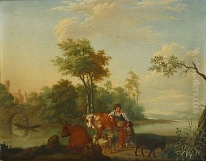 Berger, Bergere Et Animaux Dans Un Paysage by Dionys van Dongen