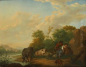 Bergere Avec Enfant Et Animaux Dans Un Paysage by Dionys van Dongen