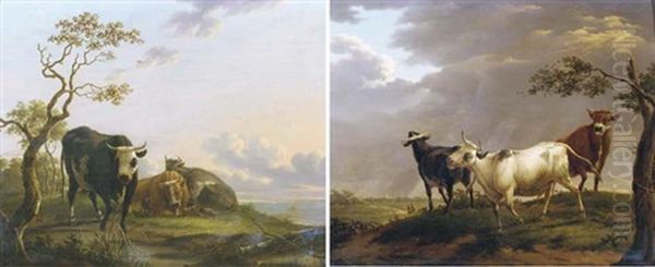 Three Cows Resting In A Wooded Landscape, Sailing Vessels In The Distance (+ Three Bulls In A Stormy Landscape, A Town In The Distance; Pair) - view 1