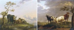 Three Cows Resting In A Wooded Landscape, Sailing Vessels In The Distance (+ Three Bulls In A Stormy Landscape, A Town In The Distance; Pair) by Dionys van Dongen