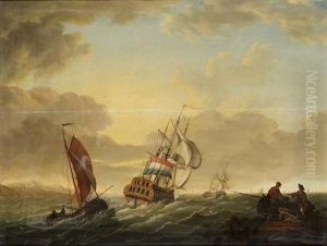 A Dutch Man-o'war And Smalschips Off A Coastline, With Fishermen And A Beached Fishing Boat On An Outcrop by Dionys van Dongen