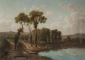 Paisaje Con Lago Y Personajes by Emilio Donnini