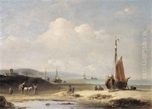 A Coastal Scene With Fisherfolk And Bomschuiten by Desire Donny
