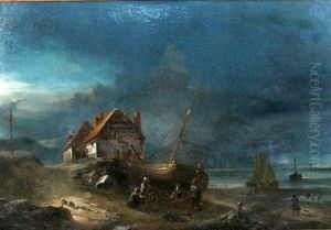 A Fisherman's Family By A Beached Sailing Vessel