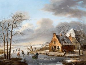 Winters Polderlandschap Met Schaatsenrijders
