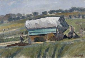 Hugelige Landschaft Mit Figurengruppe Bei Einem Planwagen