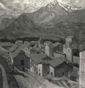 Tessiner Berglandschaft Mit Ansicht Eines Dorfes by Paul Donze