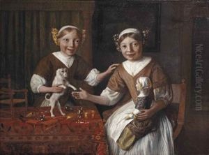 Portrait Of Two Young Girls With A Pet Dog And A Doll, Seated At A Draped Table With Toys And A Chair For The Doll by Lambert Doomer