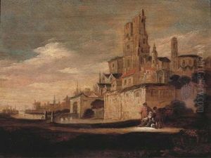 A View Of A Town With Figures Resting Outside The Town Wall