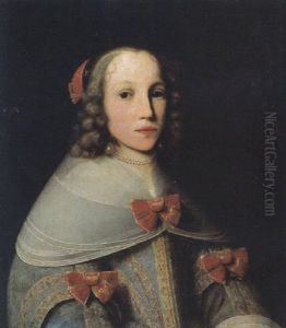 Portrait Of Elisabeth Pruys Van Oswaert Wearing A Light Blue Brocade Dress With Lace Collar And Red Bows, Pearl Necklace And Earrings