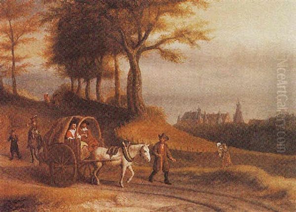 Travellers In A Horse-drawn Cart On A Path, A View Of A Village Beyond - view 1
