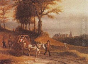 Travellers In A Horse-drawn Cart On A Path, A View Of A Village Beyond by Lambert Doomer