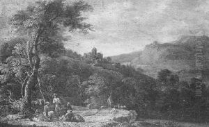 Les Bergers Se Reposant Dans Un Paysage Vallonne Avec Une Forteresse