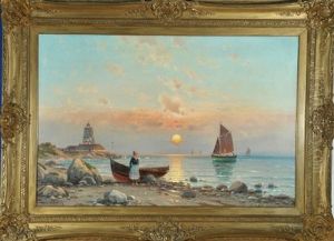 Hollanderin Mit Boot Am Strand Bei Sonnenuntergang by Adriaan Van Doorn