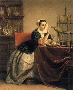 An Elegant Lady Feeding A Parrot by Adriaan Van Doorn