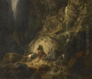 Blick In Eine Enge Schlucht, An Einer Felswand Ruhen Manner Nahe Eines Wasserfalls by Gustave Dore