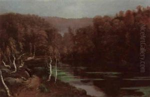 A Faggot-gatherer Resting In A Wooded River Landscape by Gustave Dore