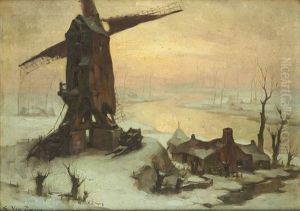 Coucher De Soleil Sur Le Moulin En Hiver by Emile Van Doren