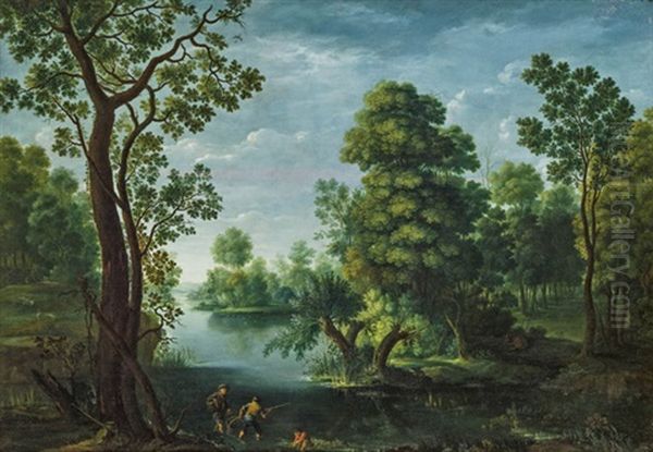 Bewaldete Flusslandschaft Mit Anglern - view 1