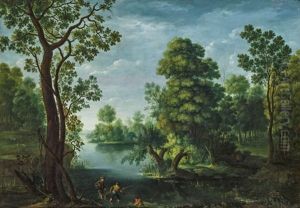 Bewaldete Flusslandschaft Mit Anglern by Johan Evangelist Dorfmeister