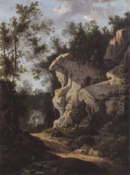 A Rocky Woodland Path With A Traveller Resting - view 1