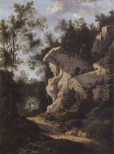 A Rocky Woodland Path With A Traveller Resting by Johan Evangelist Dorfmeister