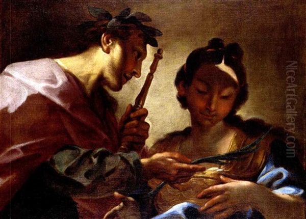 Un Personaggio Con Corona Alloro E Scettro Che Porge Un Ramo Di Palma A Una Fanciulla - view 1