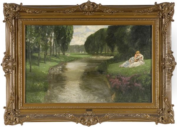 Sommerliche Fluslandschaft Mit Musizierenden Damen - view 1