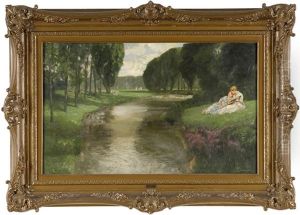Sommerliche Fluslandschaft Mit Musizierenden Damen by Wilhelm Doeringer