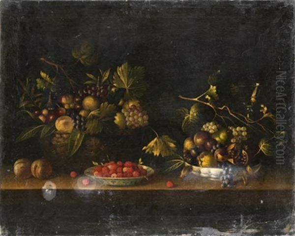 Nature Morte Au Panier Et A La Coupe De Fruits Pres D'une Assiette De Framboises - view 1