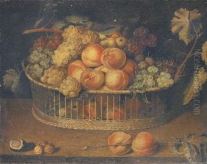 Corbeille De Peches, Raisins Et Prunes Sur Un Entablement thumbnail