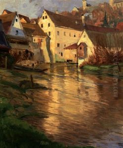 Frankisches Stadtchen Mit Burg Und Kirchhugel An Einem Fluss Frankisches Stadtchen Mit Burg Und Kirchhugel An Einem Fluss