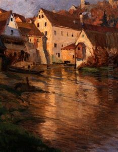 Frankisches Stadtchen Mit Burg Und Kirchhugel, An Einem Fluss Gelegen