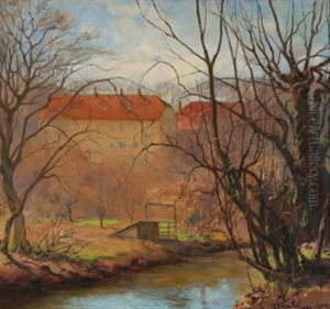 Hostlandskap Med Elv Og Hus by Karl Johannes Andreas Adam Dornberger