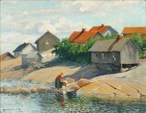 Coastal Scene With A Woman Washing Clothes by Karl Johannes Andreas Adam Dornberger
