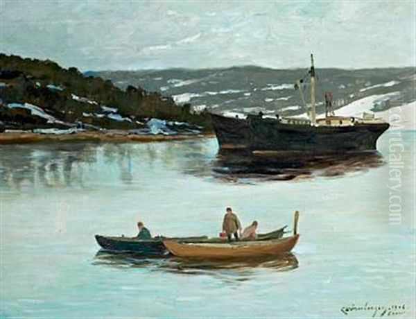 Ship And People In Prams On The Bay Off Soon, Norway - view 1