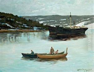 Ship And People In Prams On The Bay Off Soon, Norway by Karl Johannes Andreas Adam Dornberger