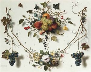 A Trompe L'oeil Of Swags Of Fruit And Flowers Pinned To A White Wall With Moths And Other Insects by Martin Van Dorne
