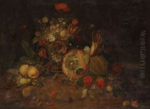 Nature Morte Avec Corbeille De Fleurs, Potiron, Poires, Tomates, Melon, Mais Et Piments