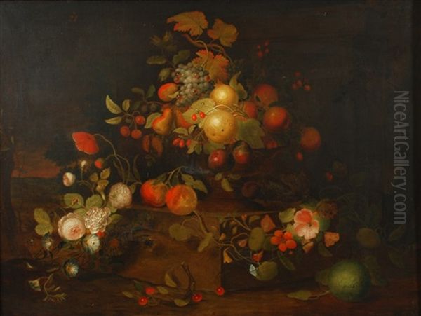 Coupe De Fruits Et Fleurs Sur Une Tablette - view 1