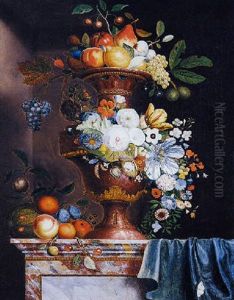Riche Vase En Pierre Sculptee, Agremente De Fleurs Et De Fruits Pose Sur Un Entablement De Marbre by Martin Van Dorne