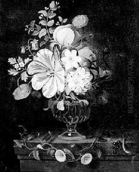 Still Life Of Mixed Summer Flowers In A Glass Vase On A Pedestal - view 1