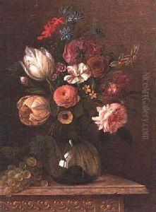 A Still Life Of Tulips, Narcissi, Roses And Other Flowers In A Glass Vase Beside Grapes On A Marble Ledge by Martin Van Dorne